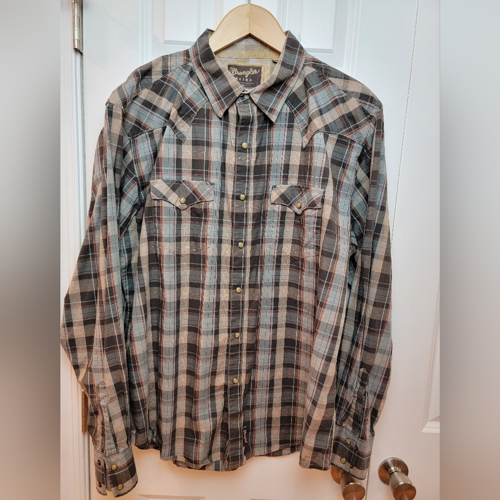 Wrangler Retro Mens Long‎ Sleeve Pearl Snap Button Shirt Plaid Size XXL